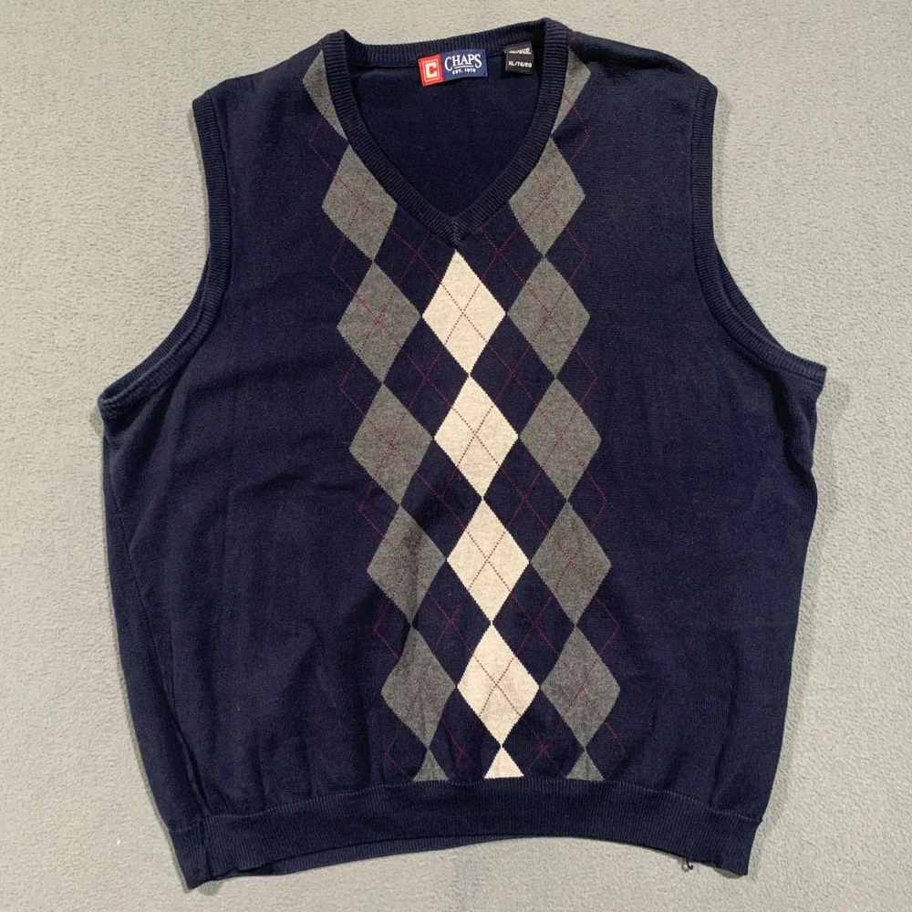 Chaps Sweater Vest Mens XL Navy Blue Argyle Cotton V-Neck Preppy Classic Knit